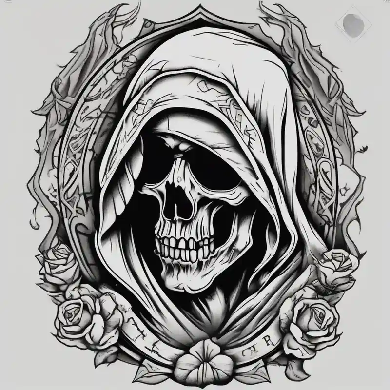 full sleeve grim reaper floral sleeve tattoo – Old School, Black and white